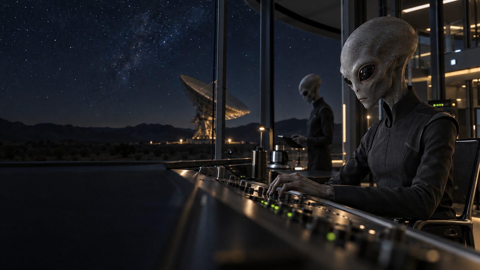 Photorealistic artwork of Zeta Reticulan scientists at a night observatory