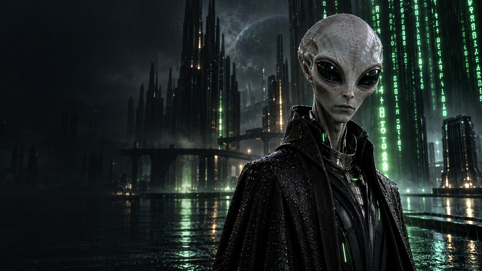 A lifelike Zeta Reticulan signal operative beneath falling green code in a rain-soaked alien city