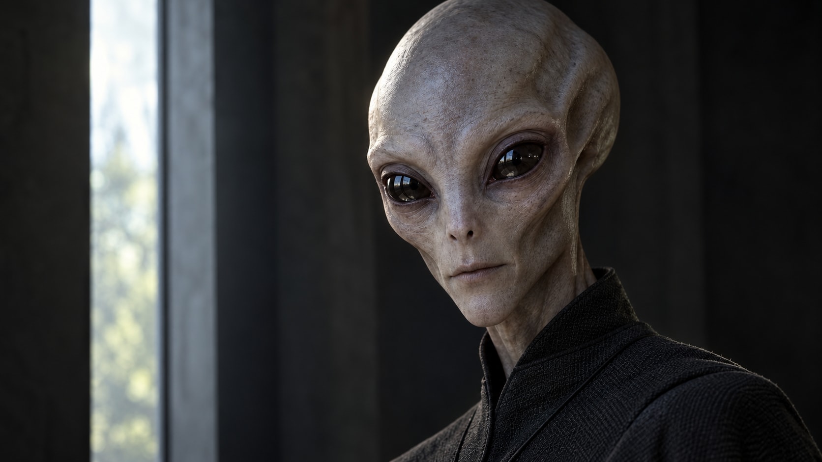 Photorealistic portrait of David imagined as a Zeta Reticulan in soft natural window light