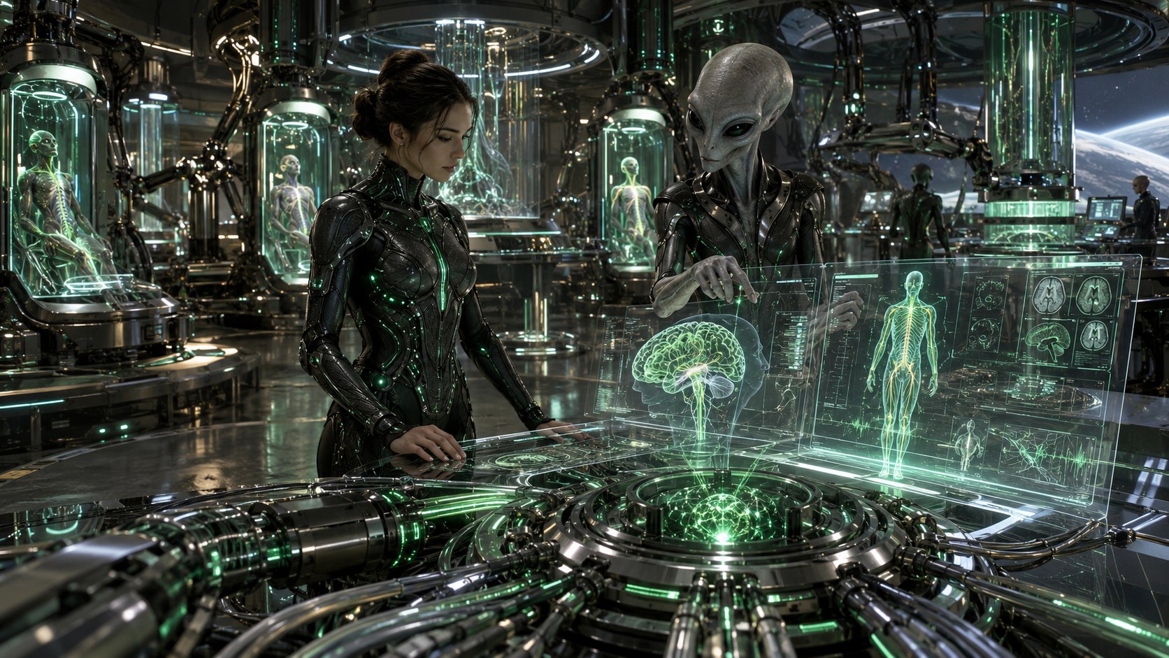 Human and Zeta Reticulan collaborators in an integrated regeneration laboratory surrounded by holographic neural models