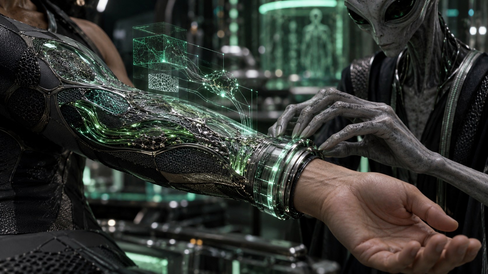 Close-up concept image of a human nanosuit sleeve with luminous microchannels and a Zeta Reticulan calibration interface