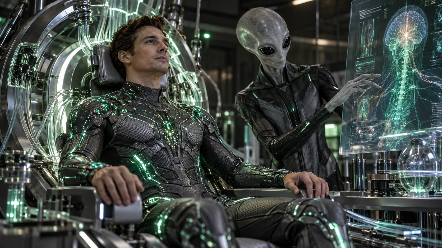 Science-fiction medical scene with a Zeta Reticulan architect and a human wearing an emerald-lattice symbiotic nanosuit
